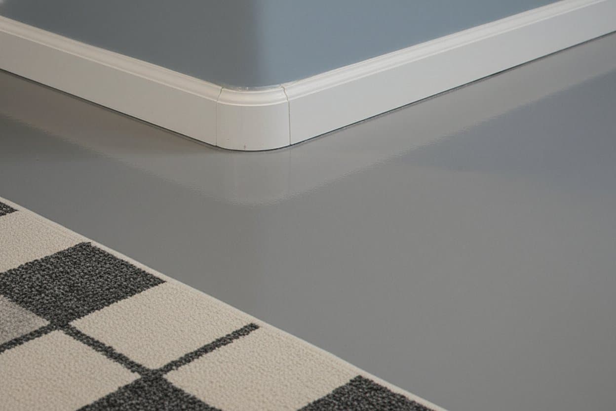 Coved epoxy edge where basement floor meets wall