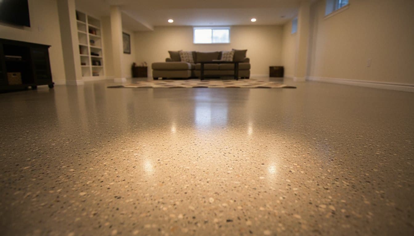 Huntsville basement floor sealed in charcoal flake epoxy
