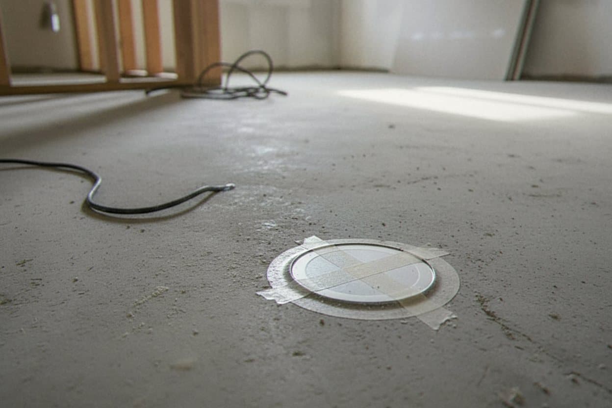Moisture disc taped to bare Huntsville basement slab