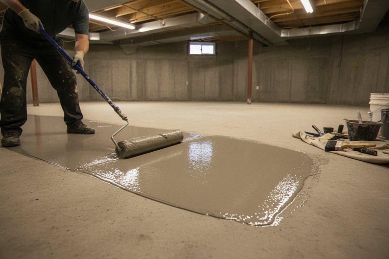 Vapor primer rolling over a ground basement concrete slab