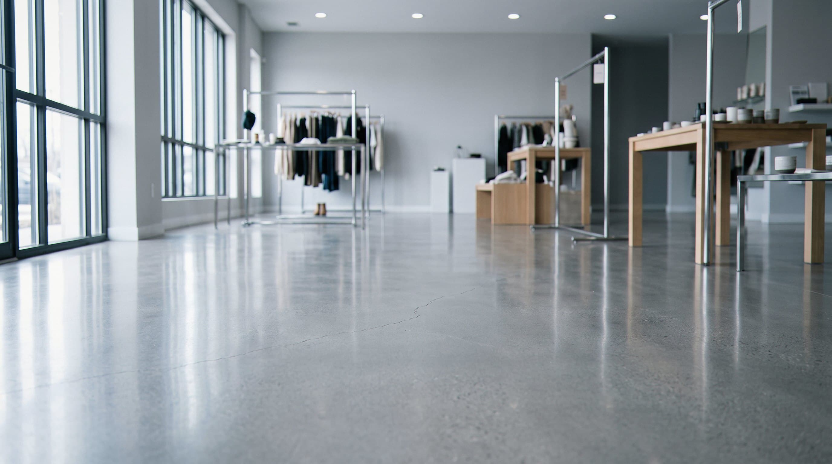 Polished concrete showroom floor with high-gloss finish