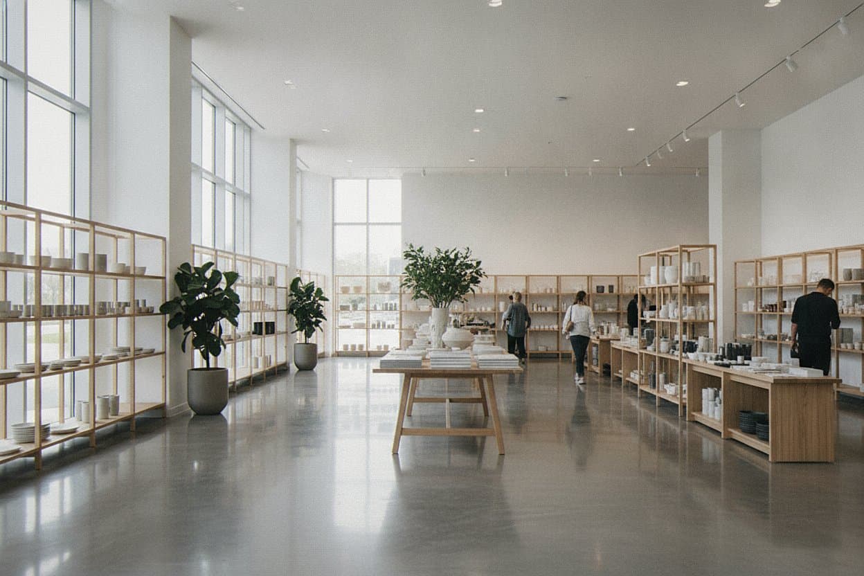 Wide shot of polished concrete floor in a showroom