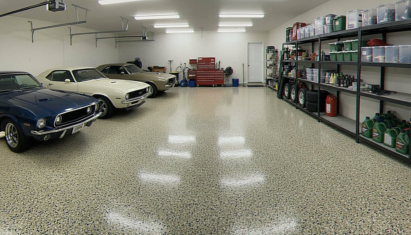 Huntsville garage with full-broadcast vinyl flake epoxy