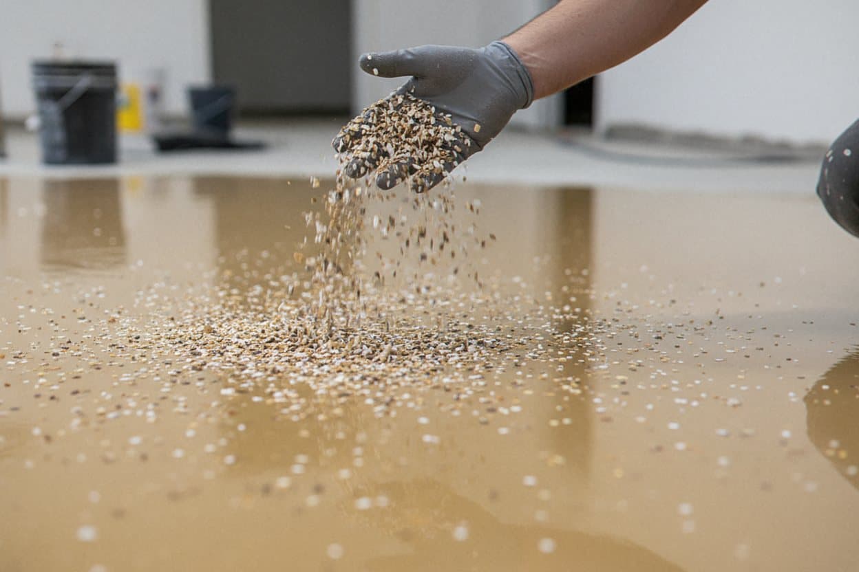 Vinyl chips broadcasting over a wet epoxy base coat