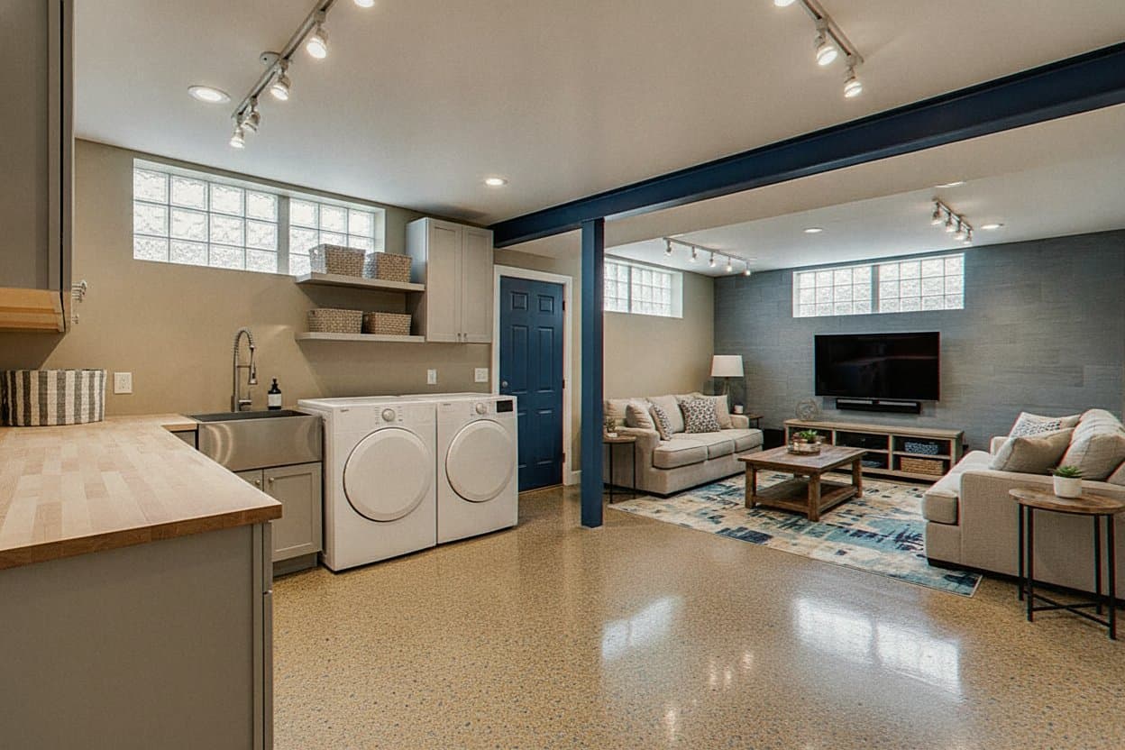 Flake chip epoxy floor across a Huntsville garage