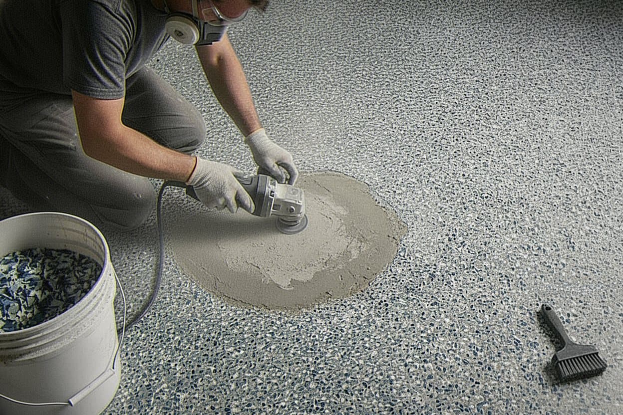 Failed epoxy coating being ground off a concrete slab