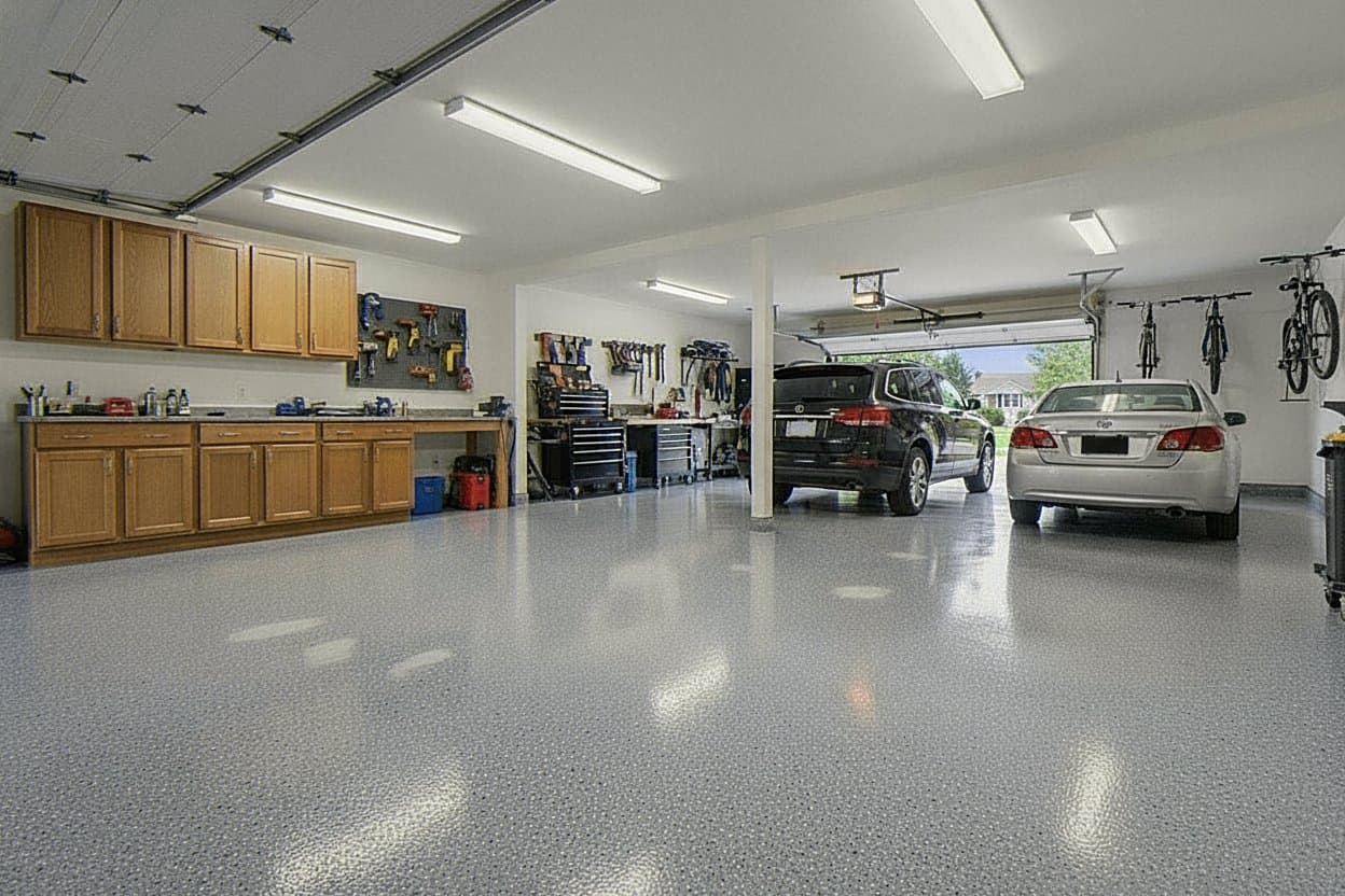 Wide view of recoated epoxy floor in a garage