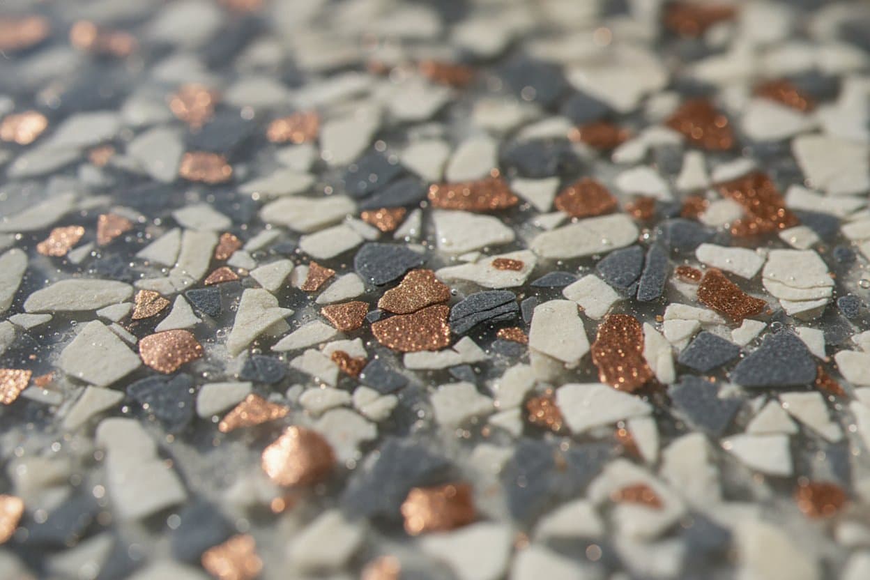 Vinyl flake chips set in cured garage epoxy