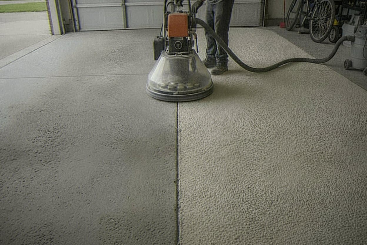 Diamond grinder opening a slab profile in a garage