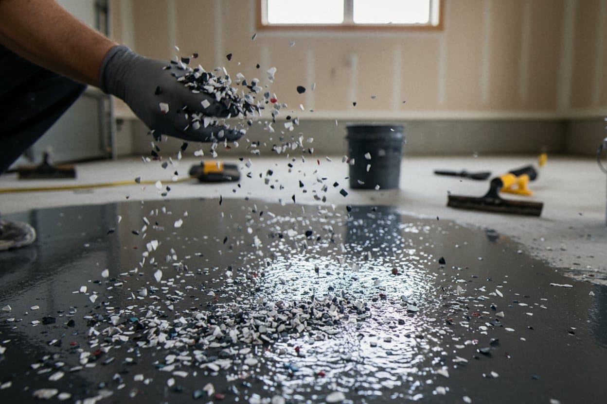 Epoxy base coat rolling over a ground garage slab