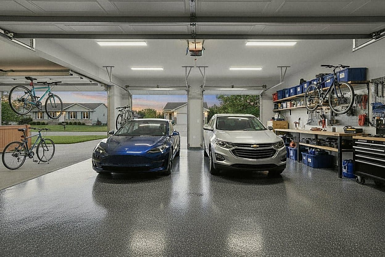 Two-car garage with flake epoxy floor in Huntsville