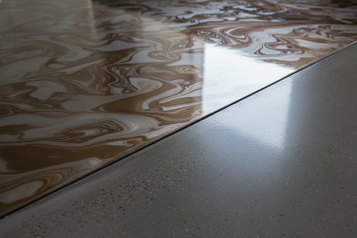 Metallic epoxy edge where floor meets a wall
