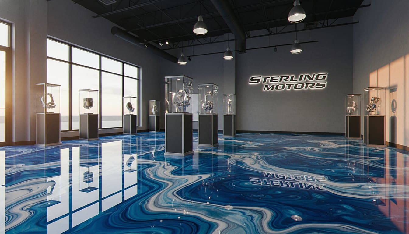 Huntsville showroom floor with swirled metallic epoxy
