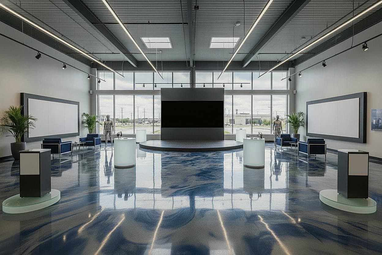 Wide metallic epoxy floor in a Huntsville showroom