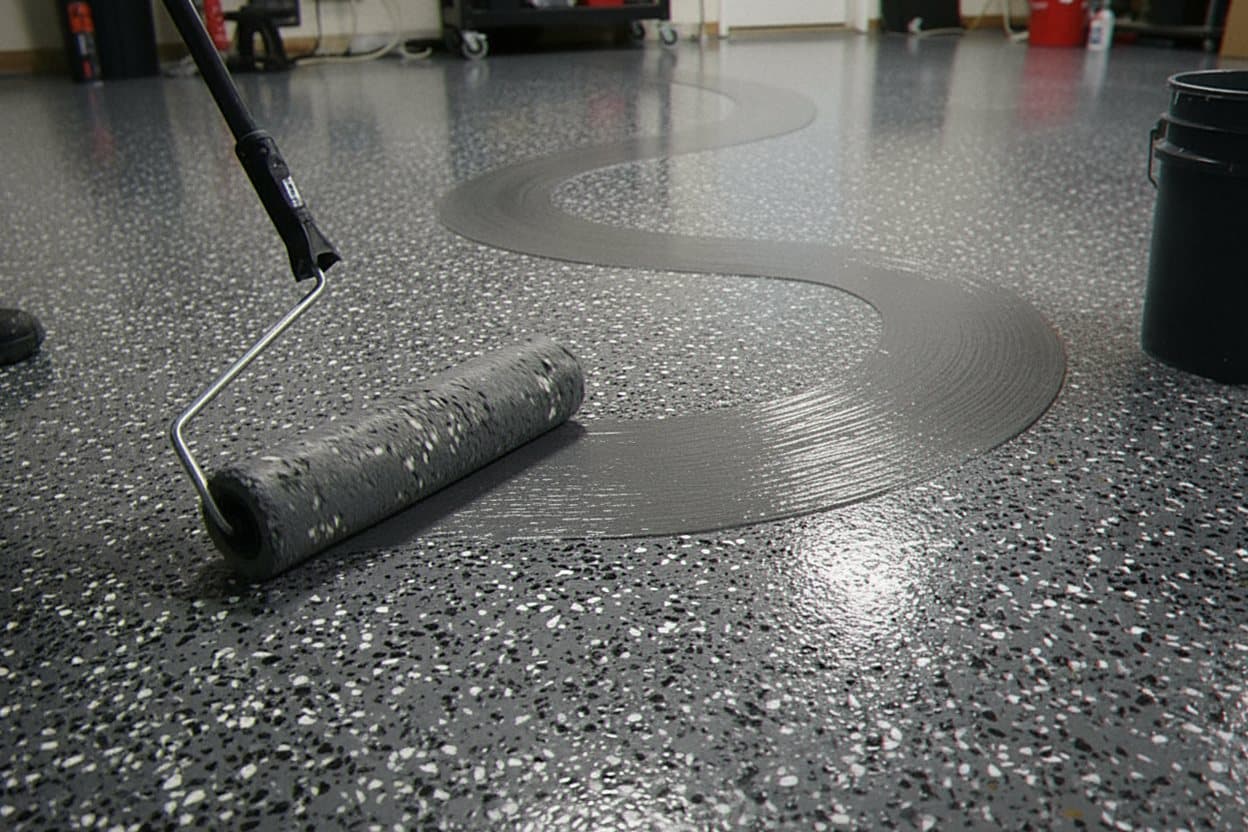 Clear polyaspartic coat rolling over a cured flake base